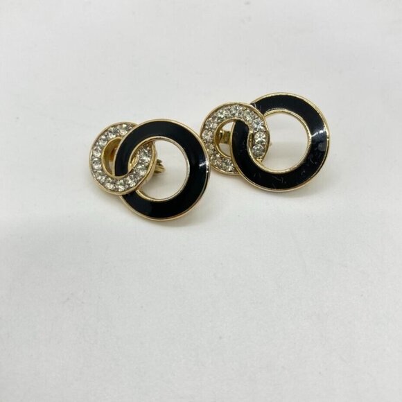 Trifari Jewelry - Vintage Trifari Clip On Earrings Black Enamel Clear Crystal Gold Tone Signed